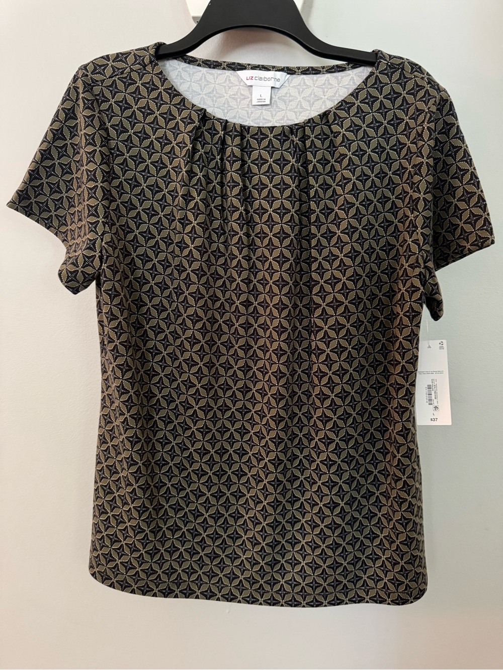 3/$20 NEW Liz Claiborne Black & Khaki Short Sleeve Patterned Top